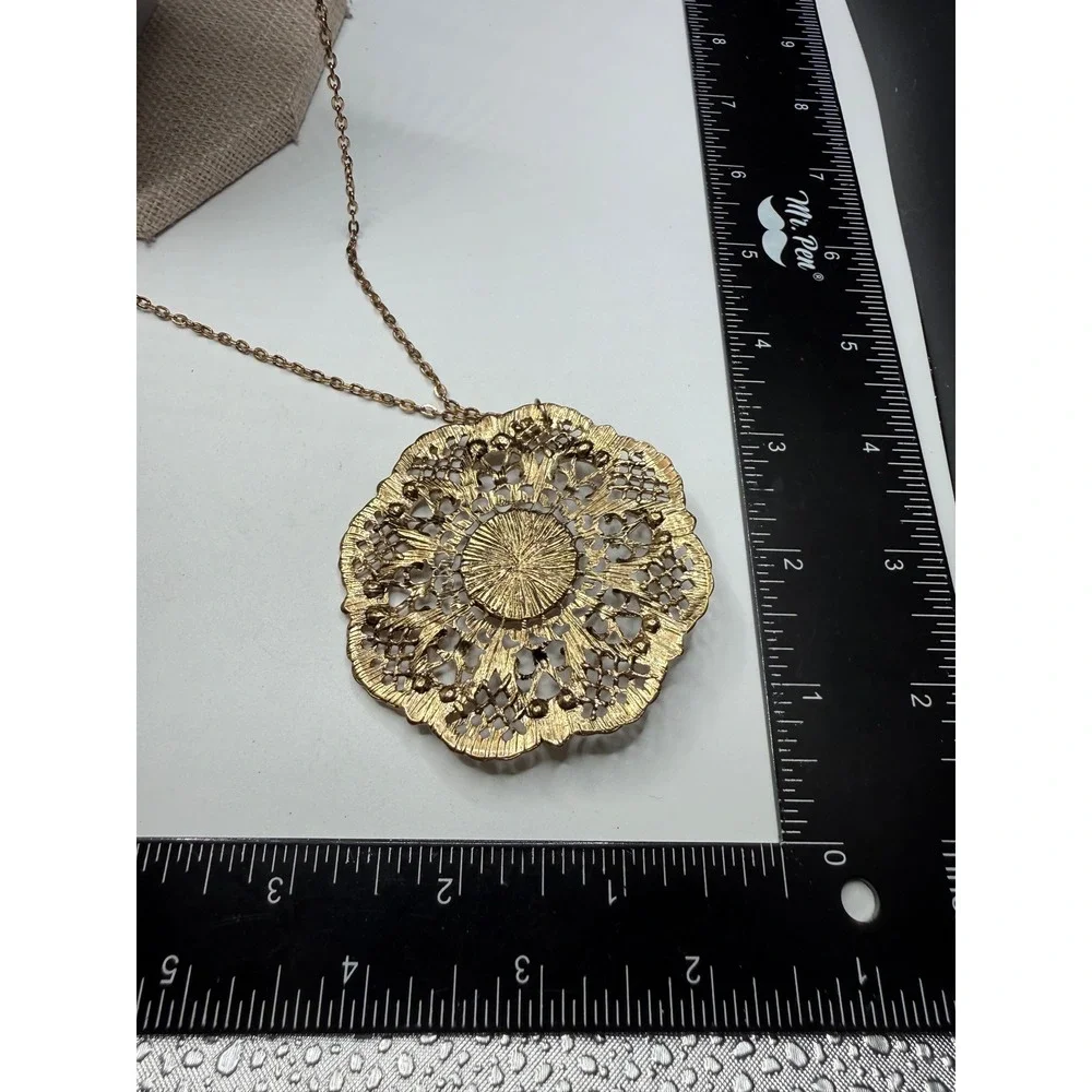 Gold‎ Tone Filigree Medallion Faux Pearl Rhinestone Statement Pendant Necklace